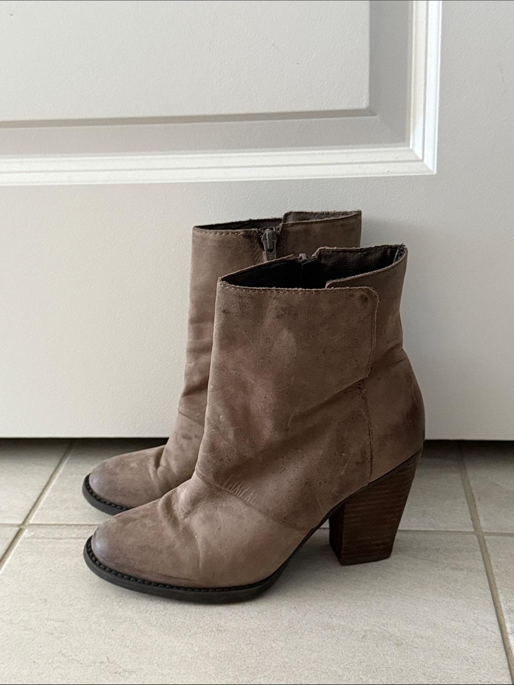 Aldo Taupe Leather Ankle Boots with Block Heel